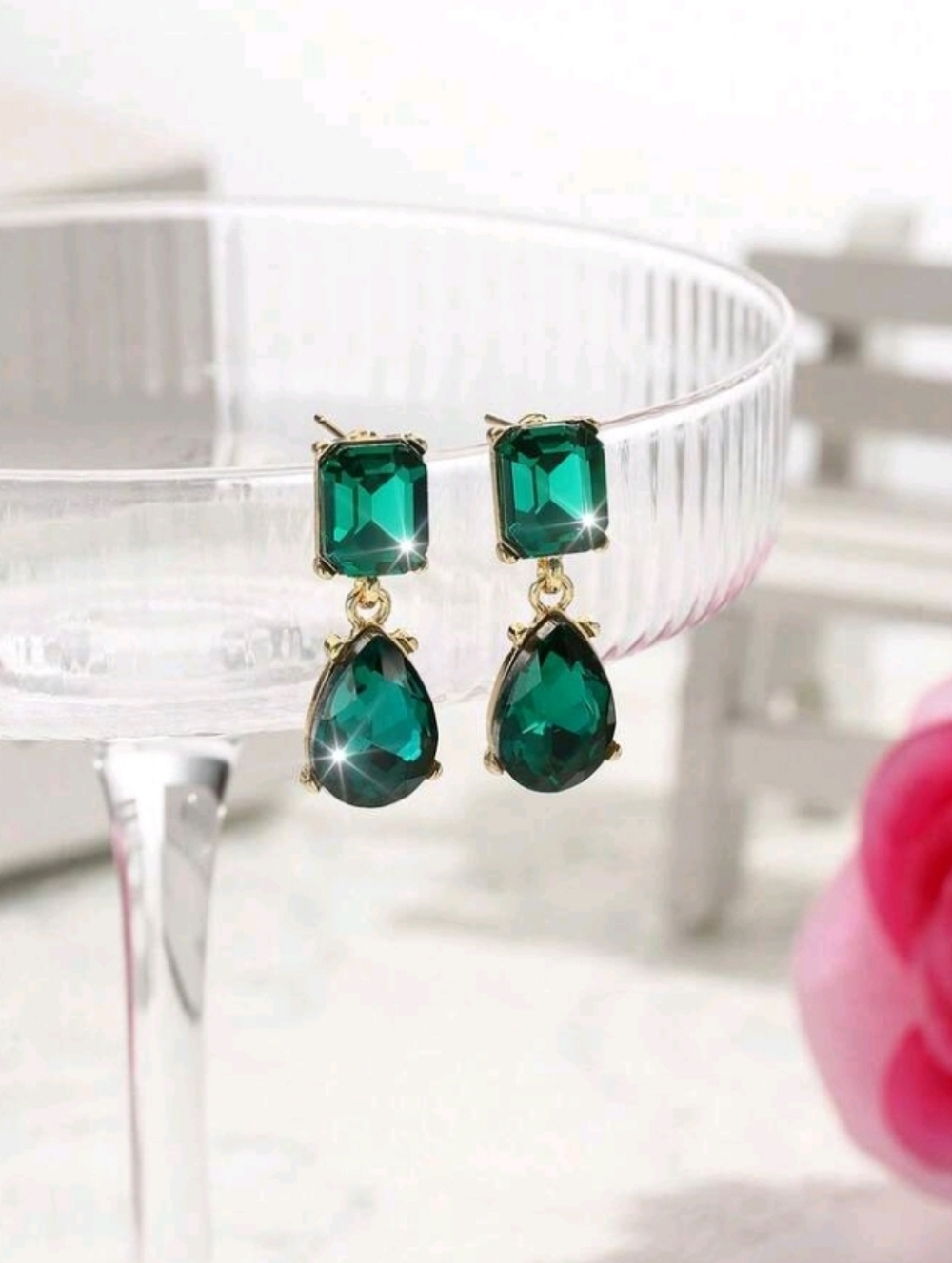 Emerald Green Teardrop Drop Earrings Gold Setting